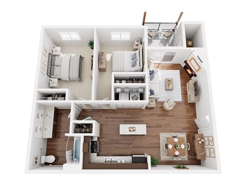A top-down view of a well-organized apartment with a kitchen, living room, and bedrooms.